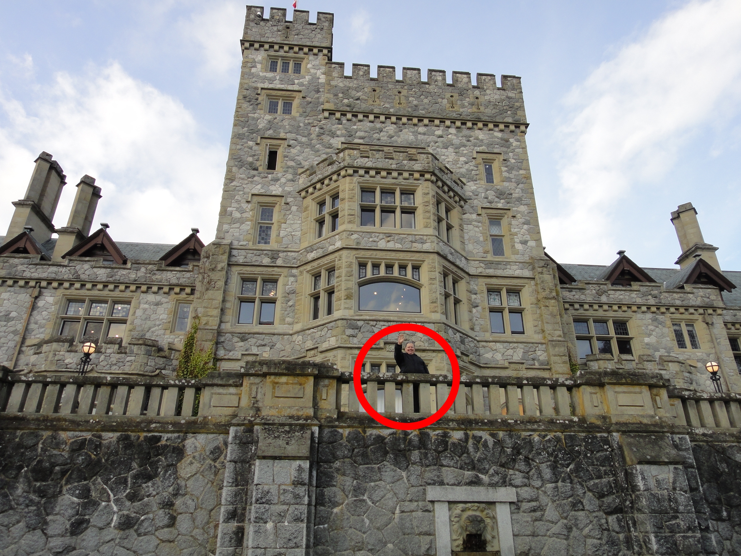 Lucki waving from the back of Hatley Castle. Maybe to Wolverine?